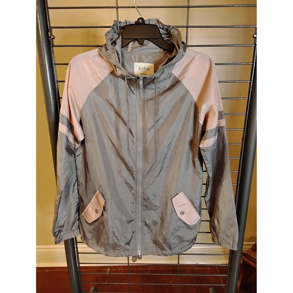 Zine Womens Grey Pink Colorblock Hooded Windbreaker Jacket Small Full Zip
